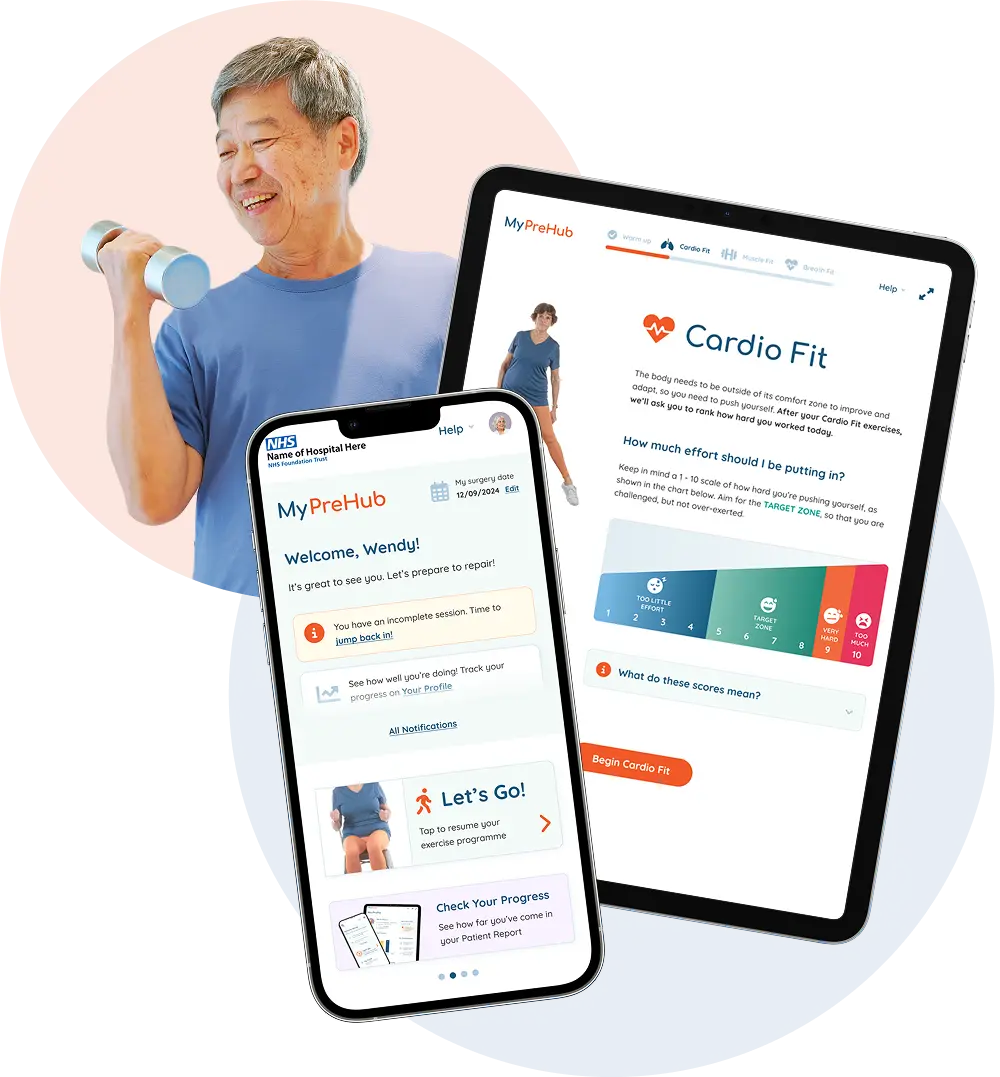 A man exercising, and PreActiv's platform shown on an iPhone and iPad